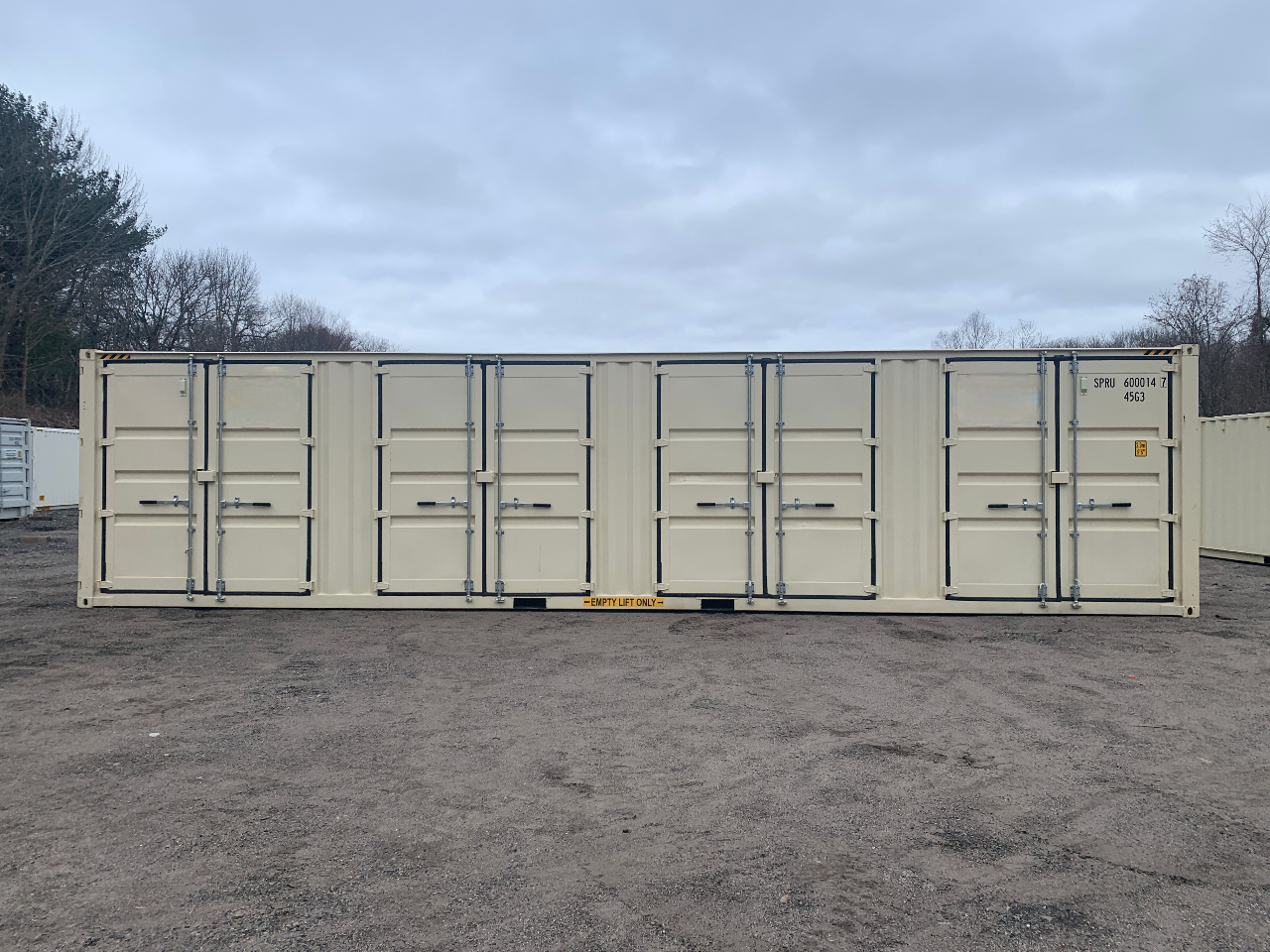 40′ x 8′ x 9.5′ Tall – One Trip High Cube FOUR SIDE DOOR OPENINGS ShippingStorage Container – Wind and Watertight – BEIGE