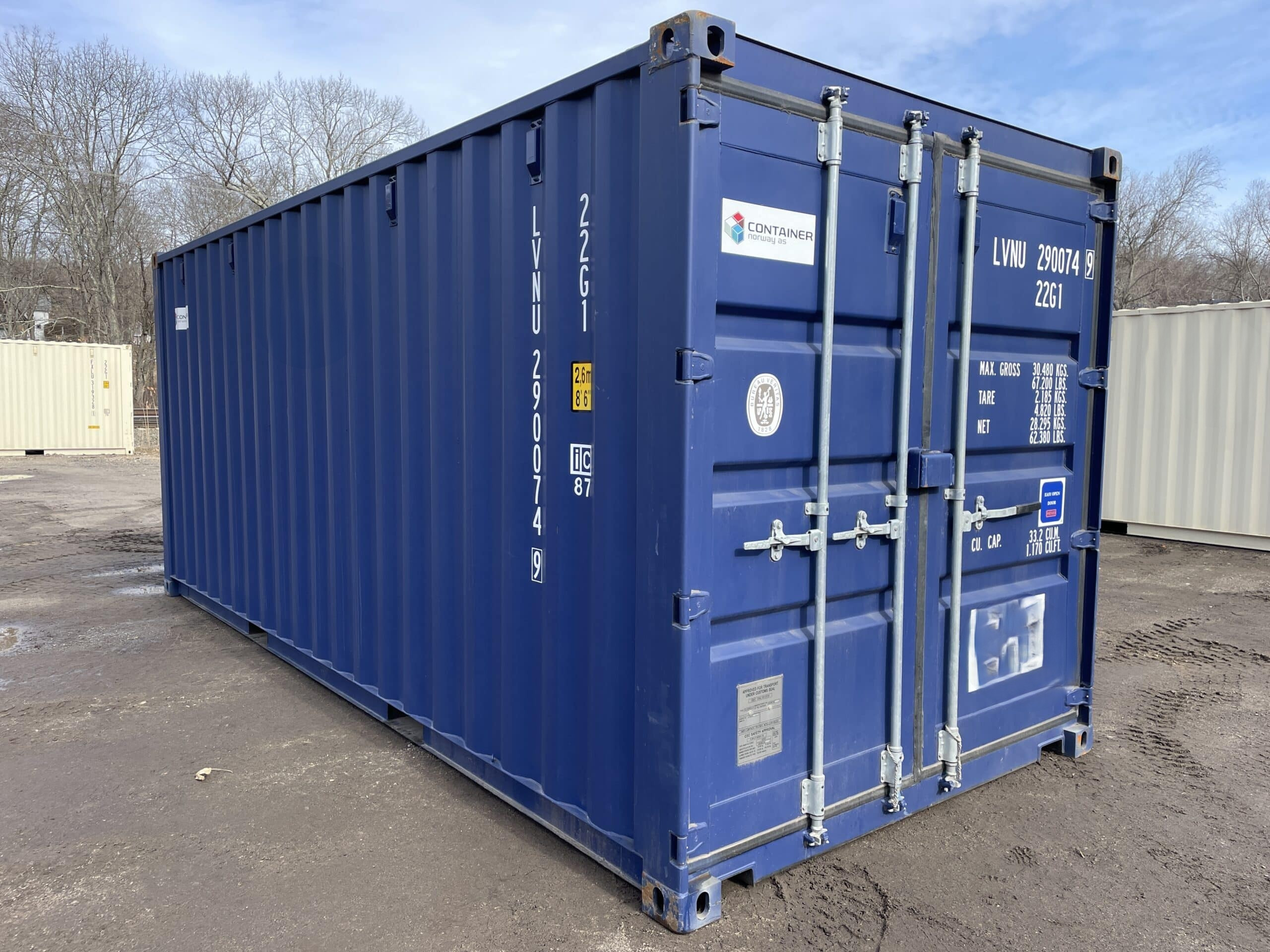 20′ x 8′ x 8.5′ Tall– New (One Trip) Shipping/Storage Container – Wind and Watertight – BLUE