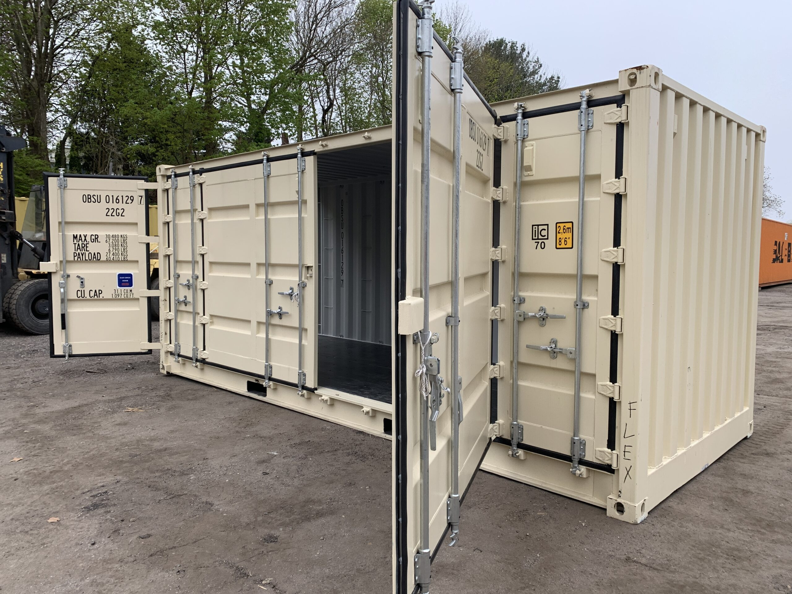 20′ x 8′ x 8.5′ Tall– New (One Trip) OPEN SIDE Shipping/Storage Container-STANDARD HEIGHT– Wind and Watertight – BEIGE