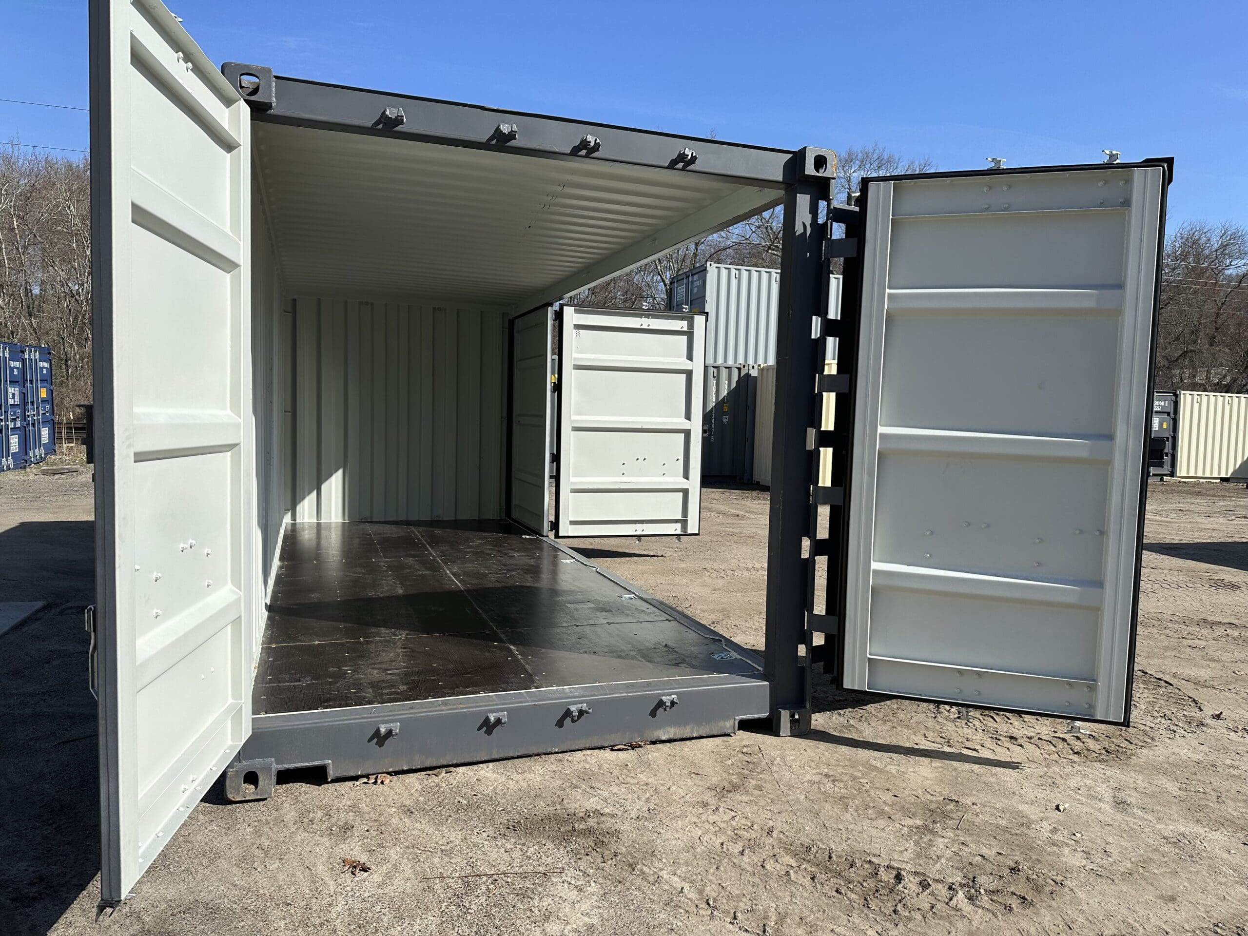 20′ x 8′ x 8.5′ Tall– New OPEN SIDE Shipping/Storage Container-STANDARD HEIGHT– Wind and Watertight – GRAY