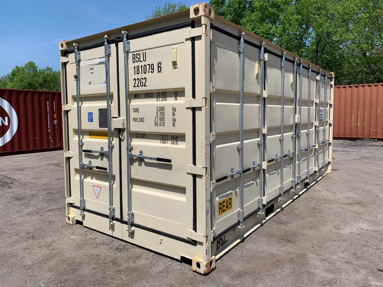 20′ x 8′ x 8.5′ Tall– New (One Trip) OPEN SIDE Shipping/Storage Container-STANDARD HEIGHT– Wind and Watertight – BEIGE