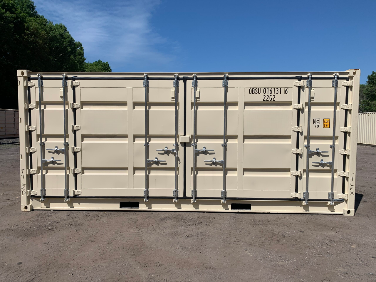 20′ x 8′ x 8.5′ Tall– New (One Trip) OPEN SIDE Shipping/Storage Container-STANDARD HEIGHT– Wind and Watertight – BEIGE